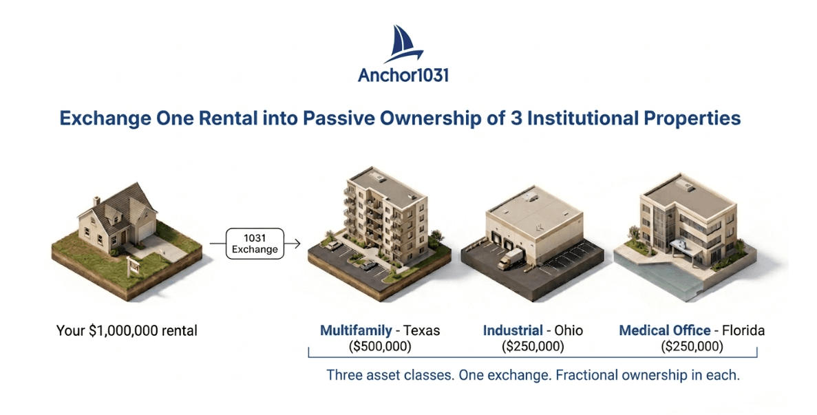 A 1031 exchange transforms a rental property that owns you (with tenant calls, repairs, and stress) into institutional real estate that works for you (passive income, no landlord work)