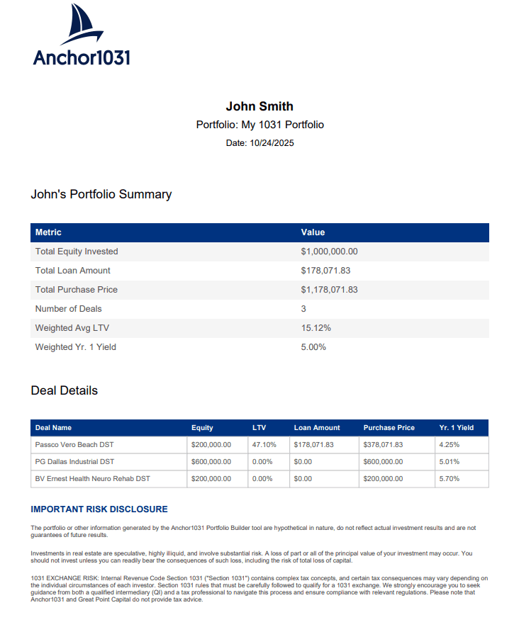 Portfolio Builder — Year 1 cashflow and portfolio summary